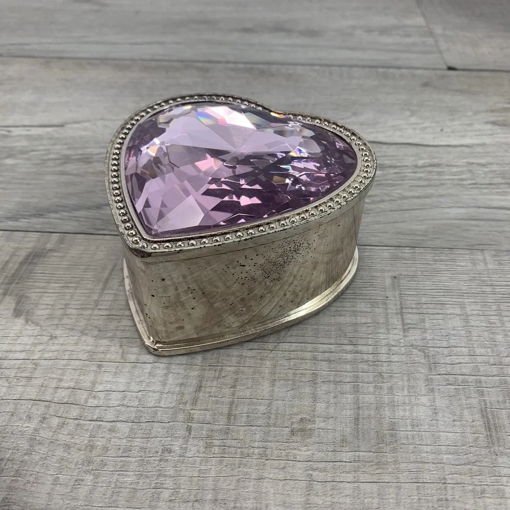 Vintage Round Pink Heart Faceted Glass Silver Tone Jewelry/Trinket Box - Picture 4 of 8